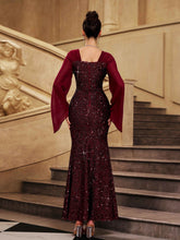 Burgundy Bell Sleeve Sequin Mermaid Prom Dress